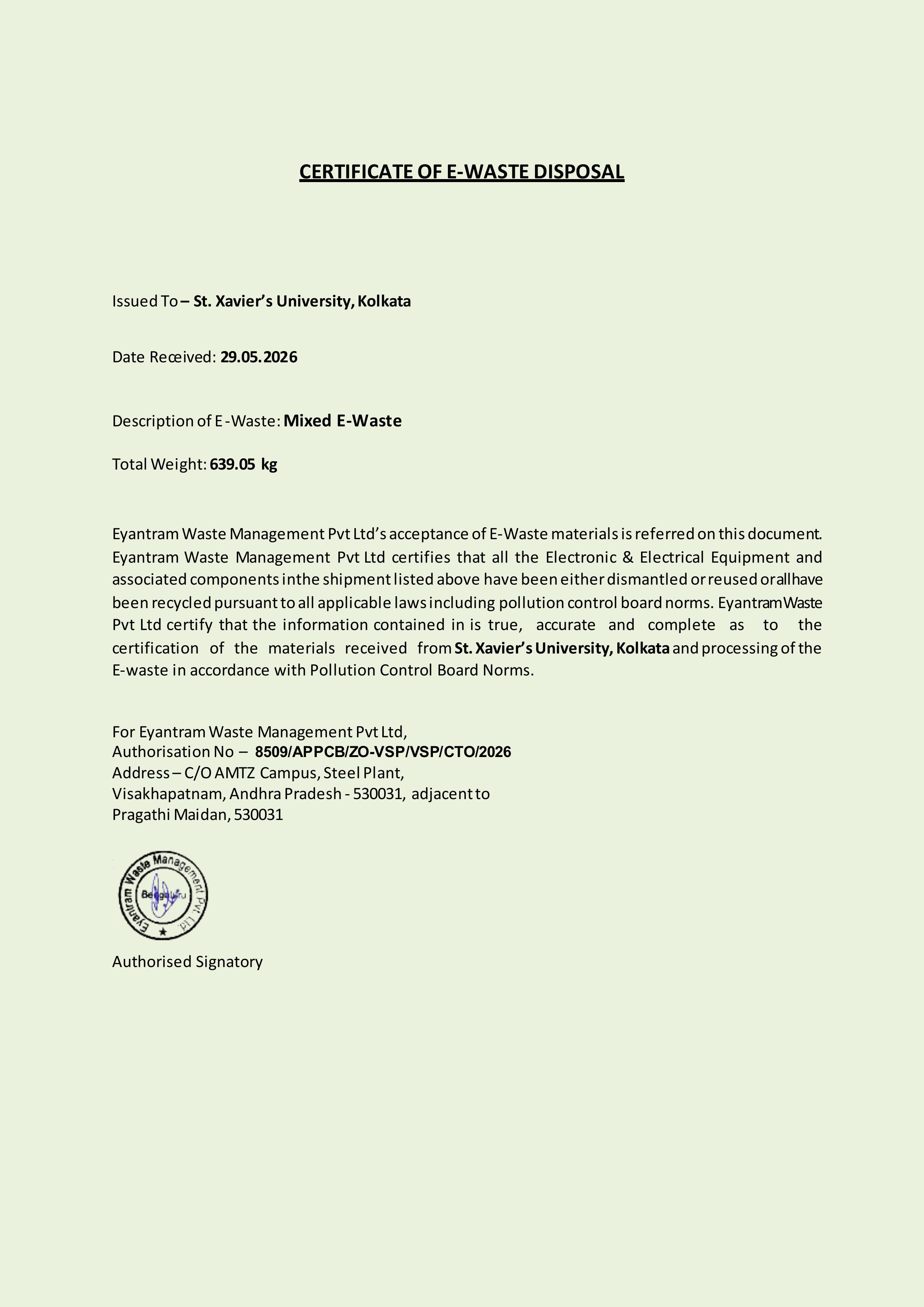 E-WASTE DISPOSAL CERTIFICATE