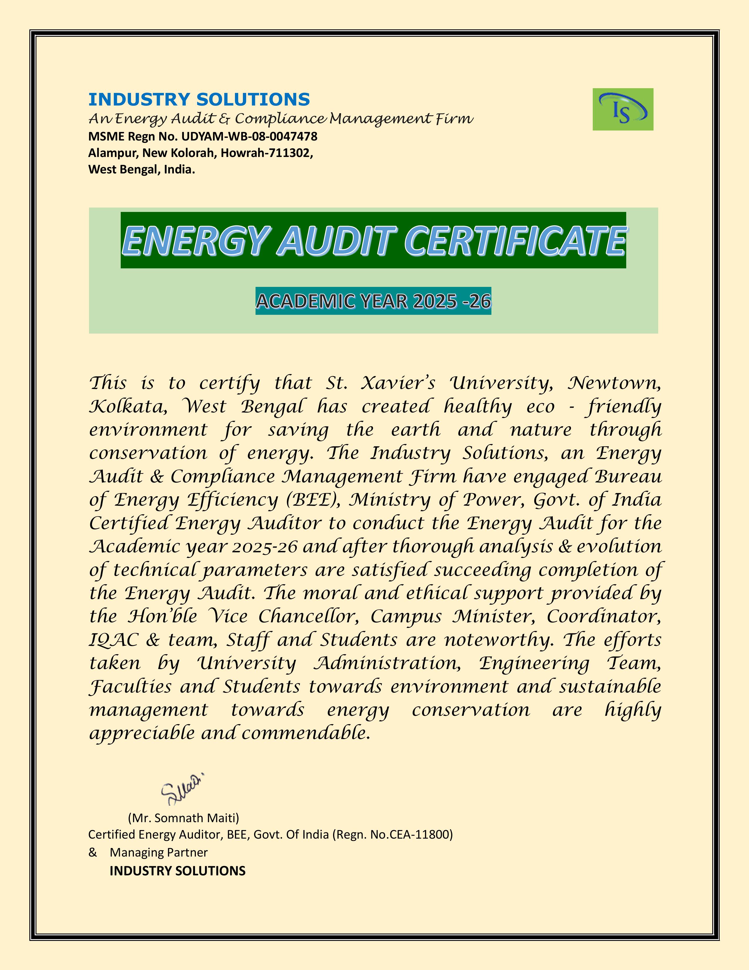 ENERGY AUDIT CERTIFICATE