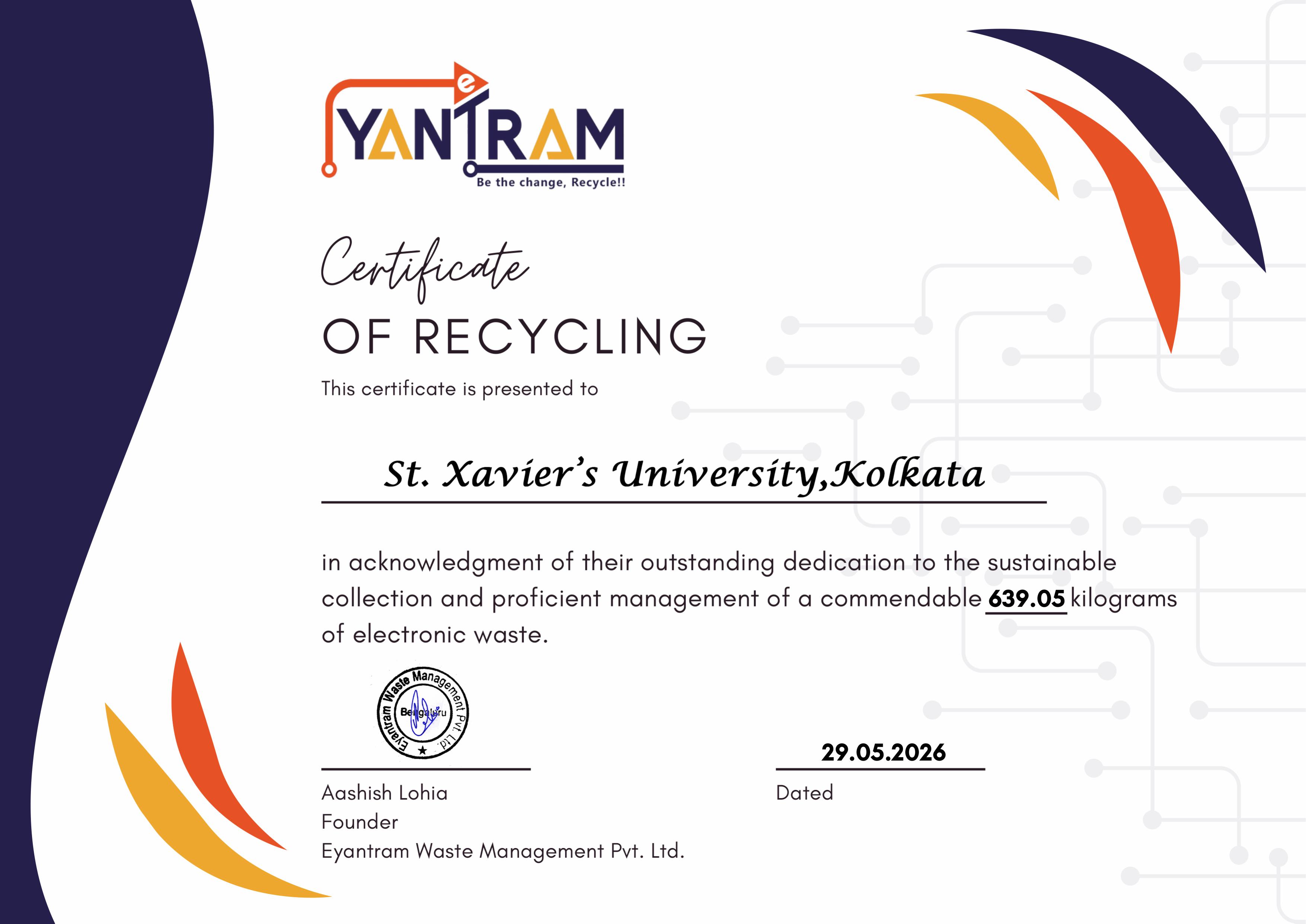 E-WASTE RECYCLING CERTIFICATE